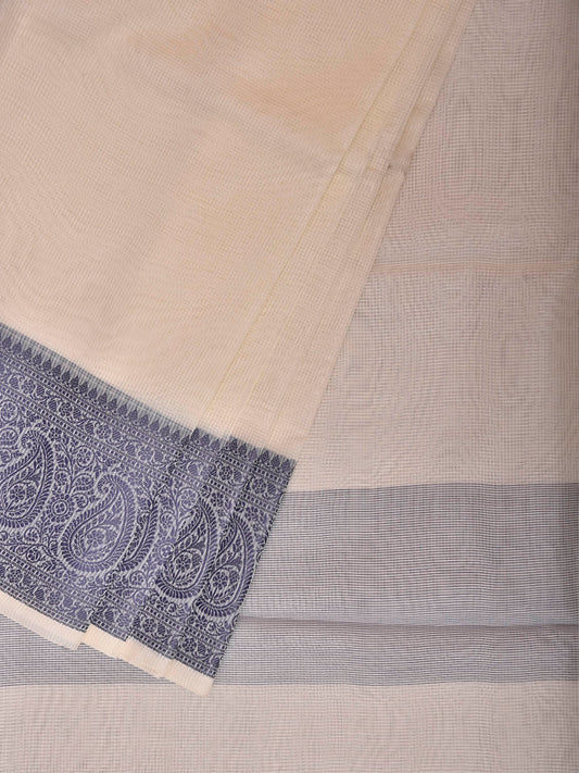 White and Blue Dhakai Jamdani Cotton Viscose Kota Saree with Pasley Border Design dj0286