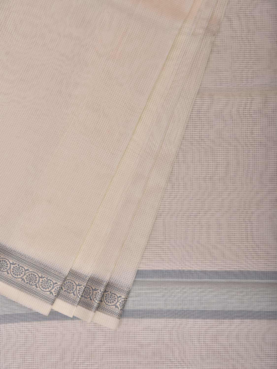 White and Light Grey Dhakai Jamdani Cotton Viscose Kota Saree with Small Border Design dj0287