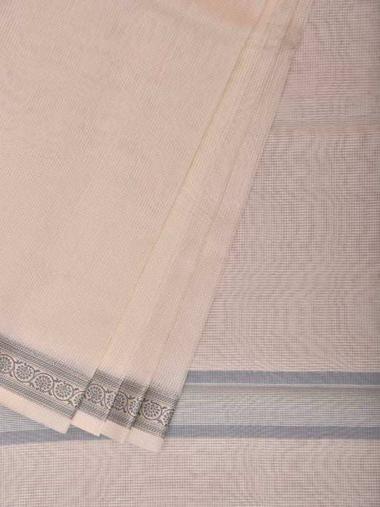 White and Light Grey Dhakai Jamdani Cotton Viscose Kota Saree with Small Border Design dj0287