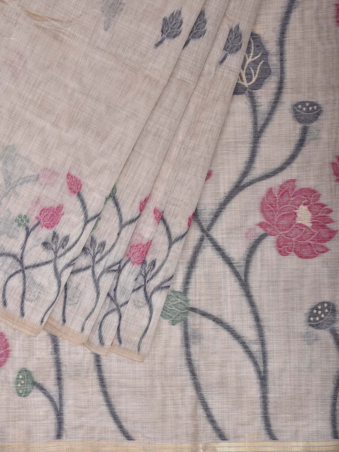 Off White Dhakai Jamdani Cotton Viscose Saree with Floral Border and Pallu Design dj0288