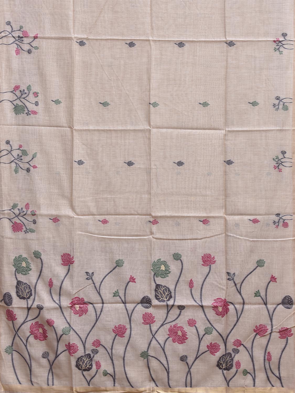 Off White Dhakai Jamdani Cotton Viscose Saree with Floral Border and Pallu Design dj0288