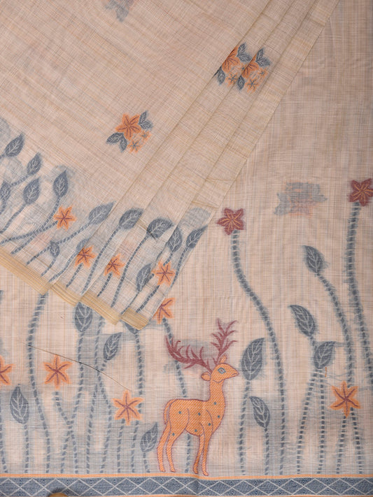 Light Cream Dhakai Jamdani Cotton Viscose Saree with Deers Pallu and Border Design dj0289