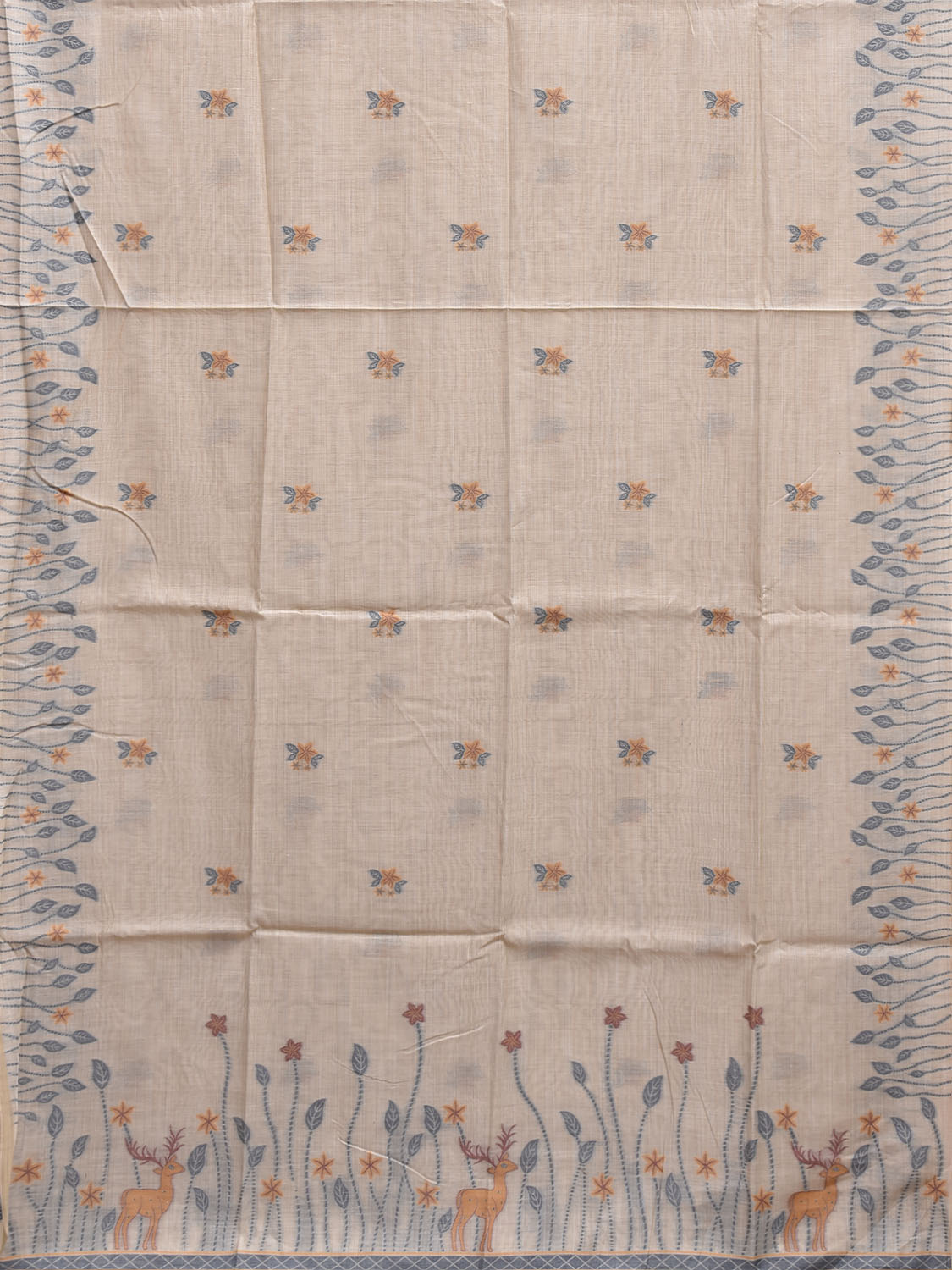 Light Cream Dhakai Jamdani Cotton Viscose Saree with Deers Pallu and Border Design dj0289