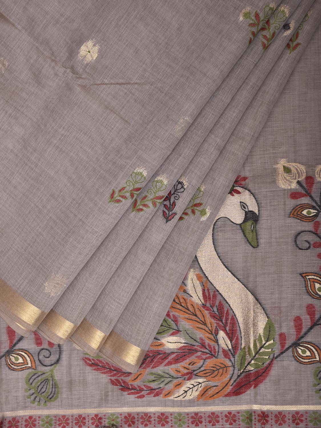 Light Grey Dhakai Jamdani Cotton Viscose Saree with Swan Pallu Design dj0290