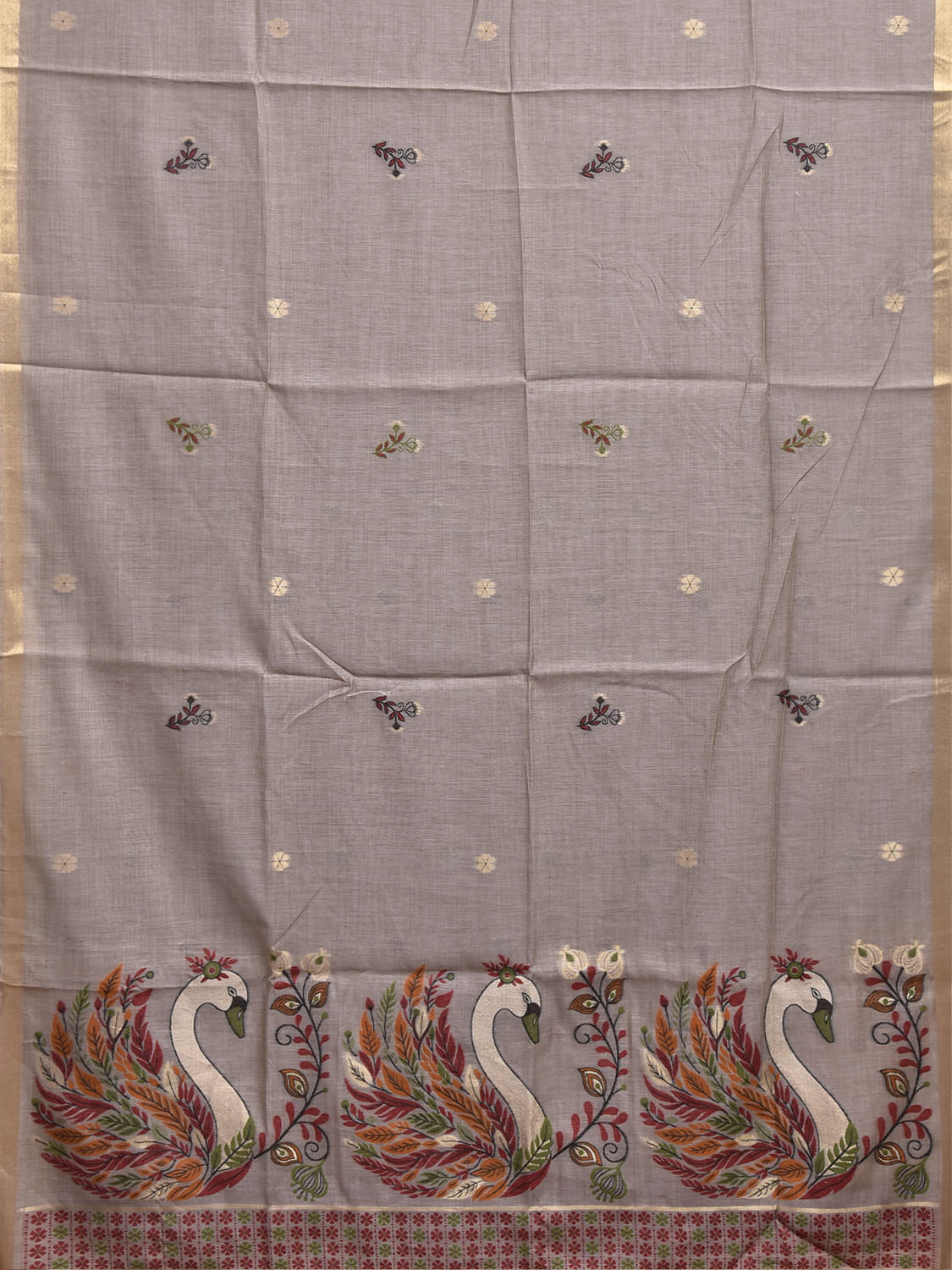 Light Grey Dhakai Jamdani Cotton Viscose Saree with Swan Pallu Design dj0290