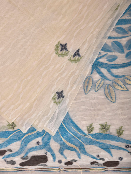 White Dhakai Jamdani Cotton Viscose Saree with Tree and Deers Pallu Design dj0291