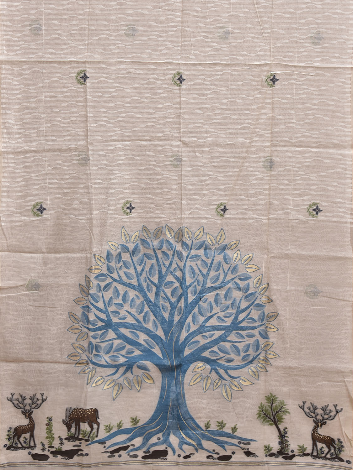 White Dhakai Jamdani Cotton Viscose Saree with Tree and Deers Pallu Design dj0291