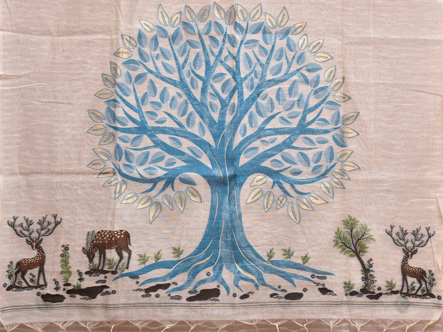 White Dhakai Jamdani Cotton Viscose Saree with Tree and Deers Pallu Design dj0291