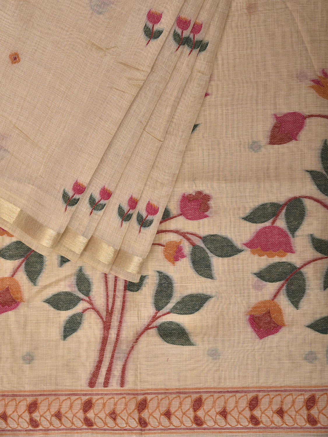 Cream Dhakai Jamdani Cotton Viscose Saree with Floral Pallu Design dj0292