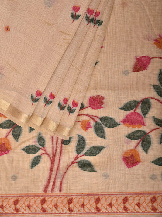 Cream Dhakai Jamdani Cotton Viscose Saree with Floral Pallu Design dj0292