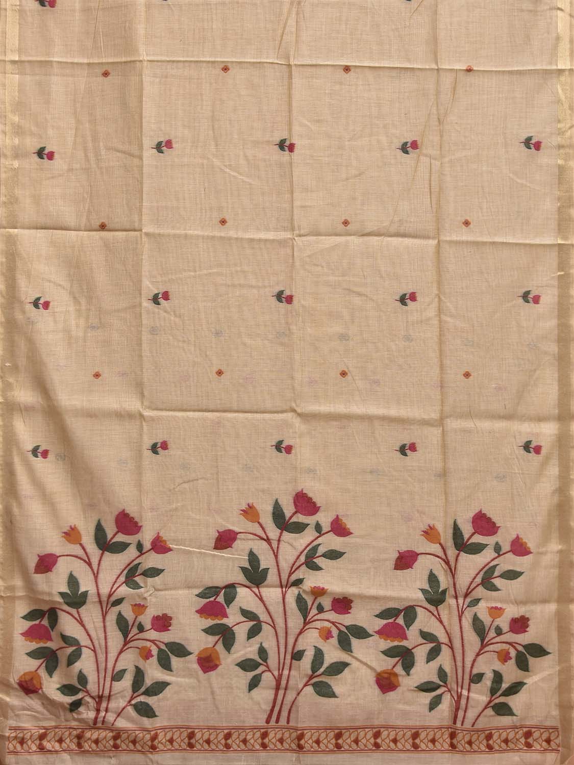 Cream Dhakai Jamdani Cotton Viscose Saree with Floral Pallu Design dj0292