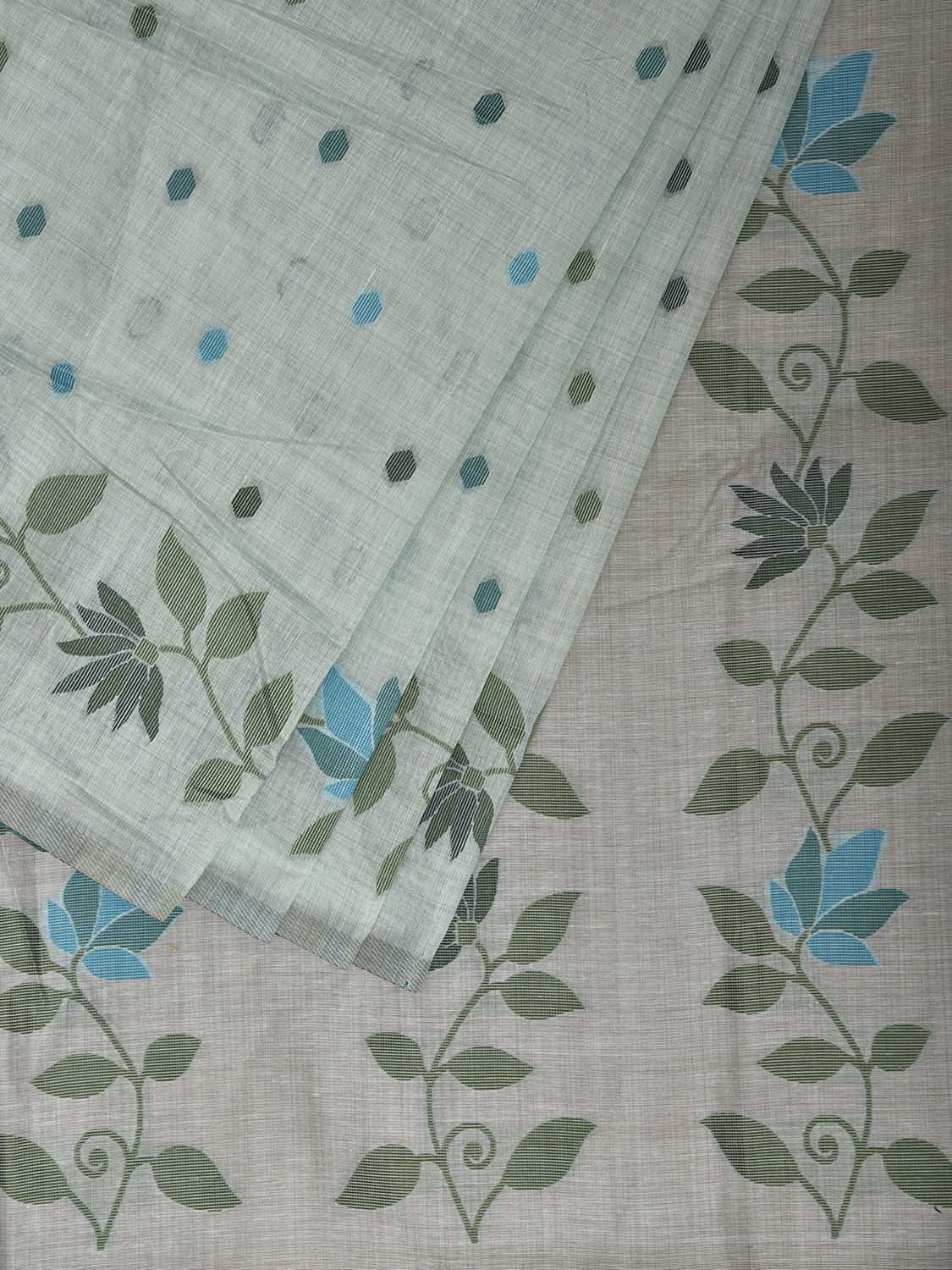 Sea Green Dhakai Jamdani Cotton Viscose Saree with Floral Border and Pallu Design dj0294