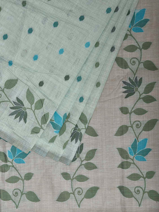 Sea Green Dhakai Jamdani Cotton Viscose Saree with Floral Border and Pallu Design dj0294
