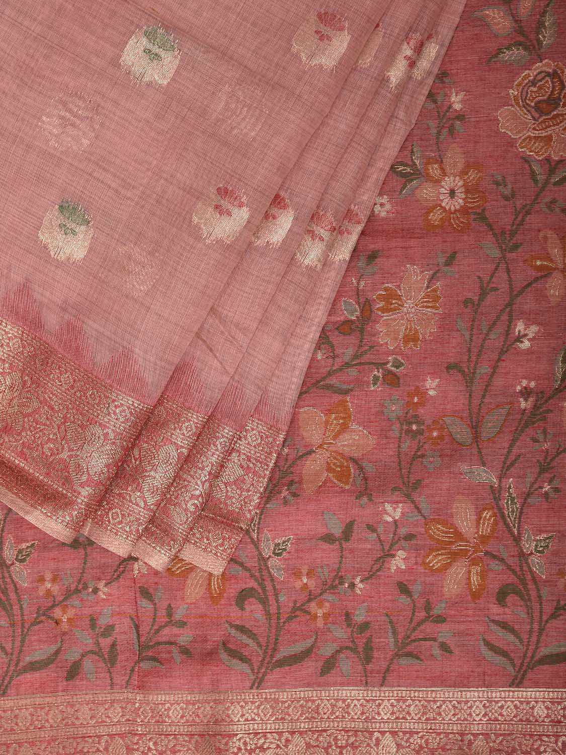 Peach Dhakai Jamdani Cotton Viscose Saree with Floral Pallu and Border Design dj0295