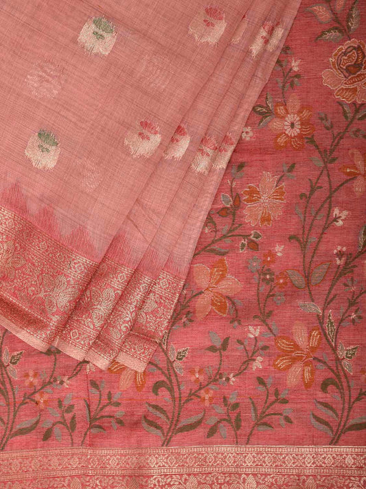 Peach Dhakai Jamdani Cotton Viscose Saree with Floral Pallu and Border Design dj0295