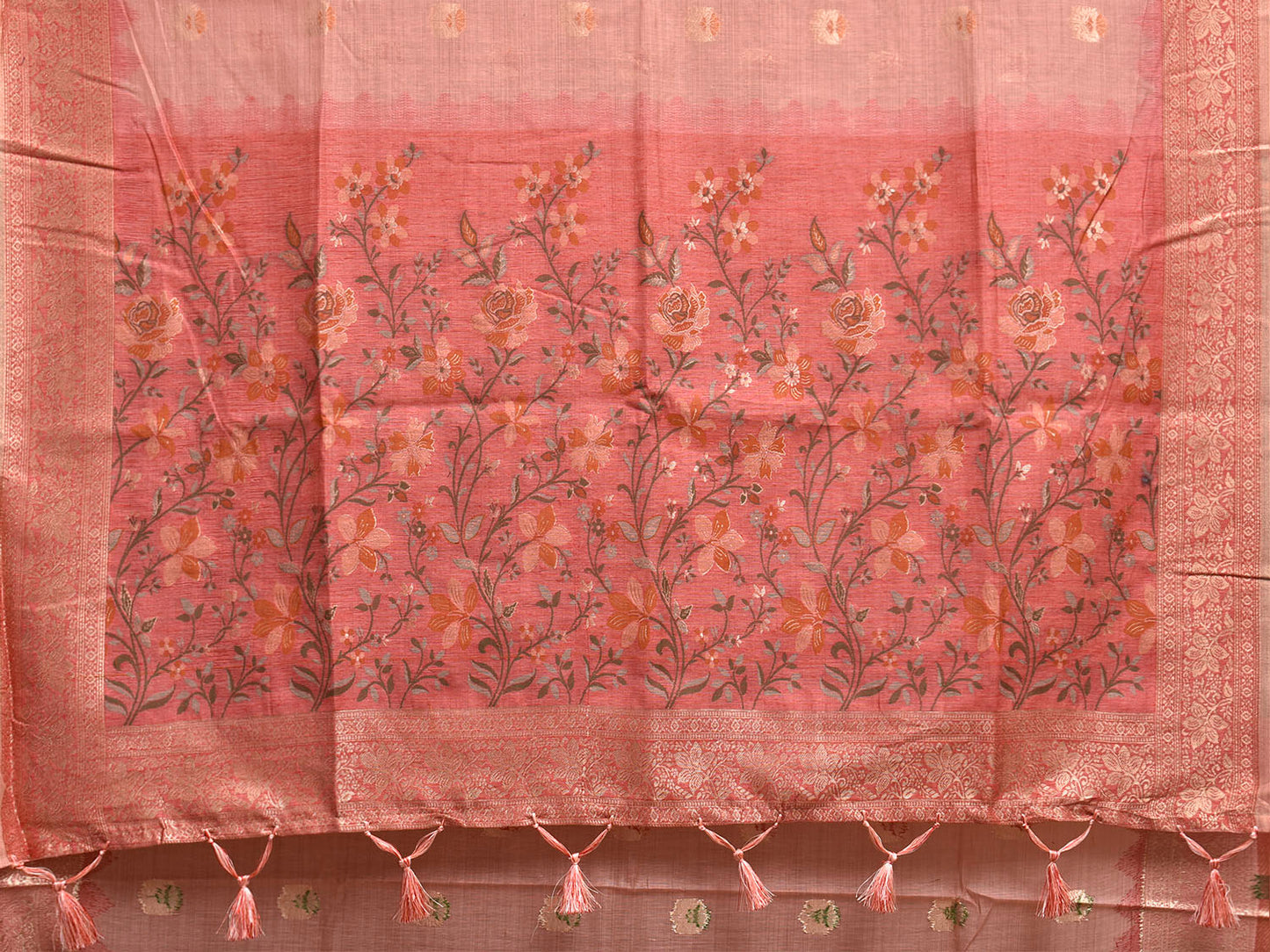 Peach Dhakai Jamdani Cotton Viscose Saree with Floral Pallu and Border Design dj0295