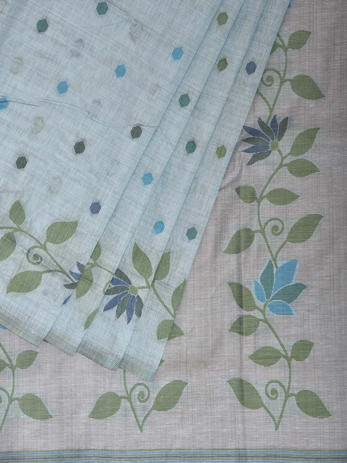 Light Blue Dhakai Jamdani Cotton Viscose Saree with Floral Border and Pallu Design dj0296