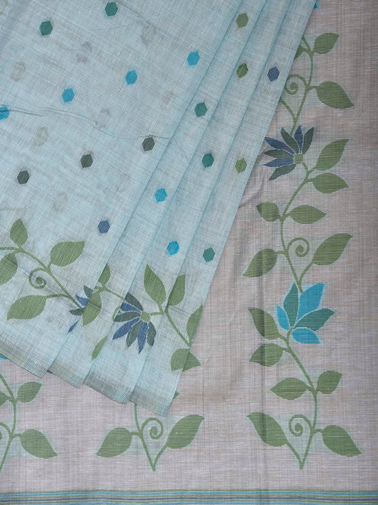 Light Blue Dhakai Jamdani Cotton Viscose Saree with Floral Border and Pallu Design dj0296