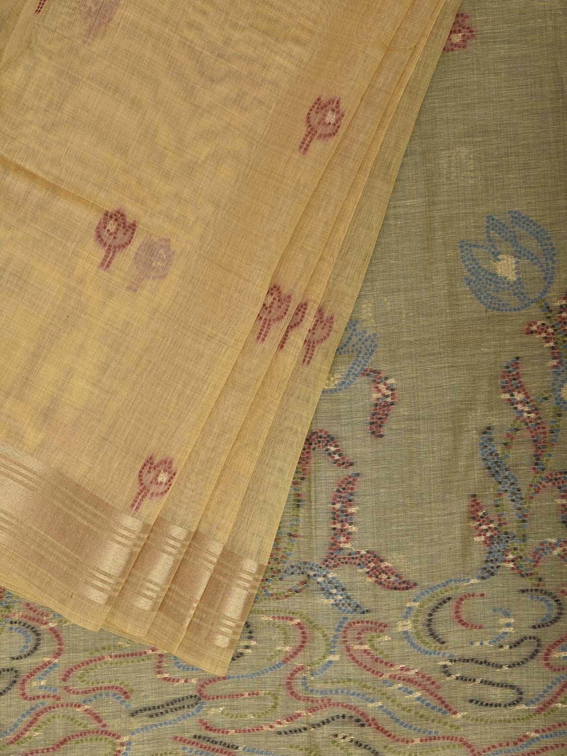 Yellow Dhakai Jamdani Cotton Viscose Saree with Floral Pallu Design dj0298