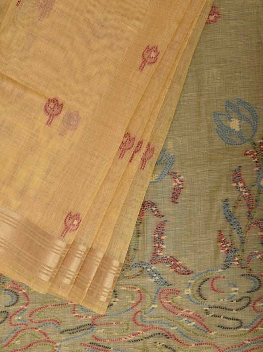 Yellow Dhakai Jamdani Cotton Viscose Saree with Floral Pallu Design dj0298