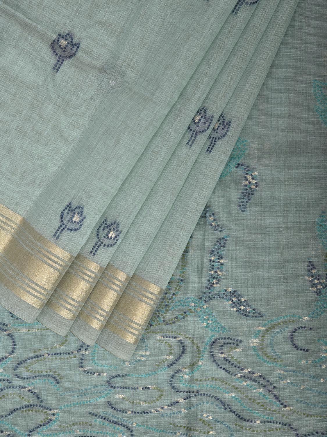 Sea Blue Dhakai Jamdani Cotton Viscose Saree with Floral Pallu Design dj0299