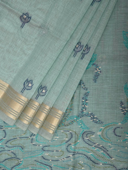 Sea Blue Dhakai Jamdani Cotton Viscose Saree with Floral Pallu Design dj0299