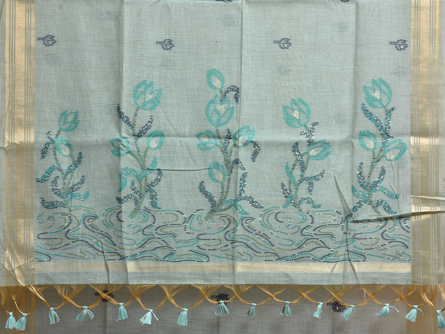 Sea Blue Dhakai Jamdani Cotton Viscose Saree with Floral Pallu Design dj0299