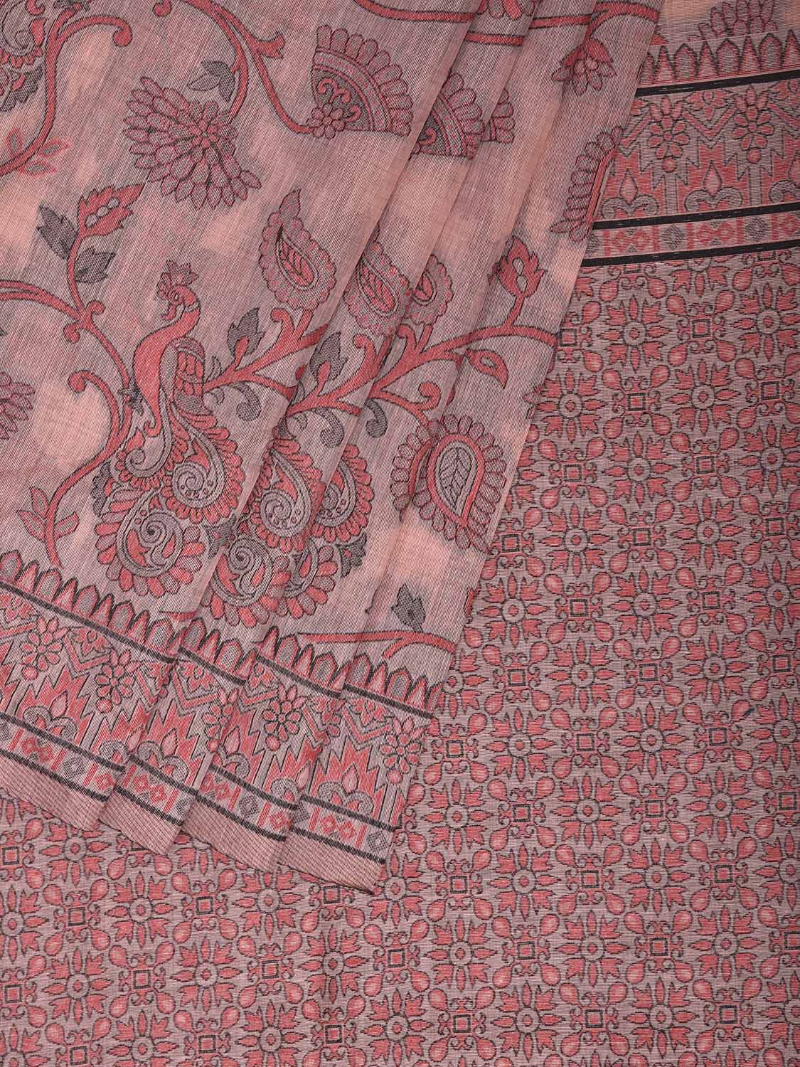 Light Peach Dhakai Jamdani Cotton Viscose Saree with All Over Peacocks Design dj0300