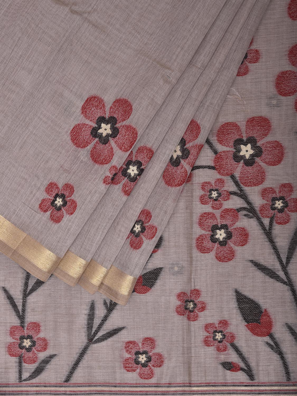 Light Grey Dhakai Jamdani Cotton Viscose Saree with Floral Pallu and Buta Design dj0303