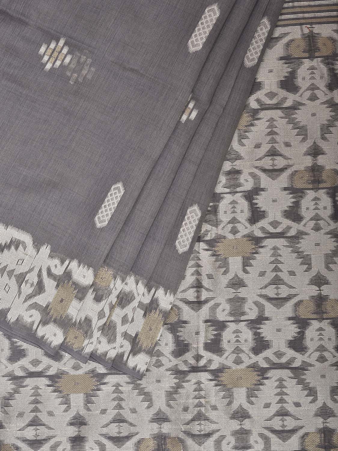 Grey Dhakai Jamdani Cotton Viscose Saree with Geometric Pallu and Border Design dj0304