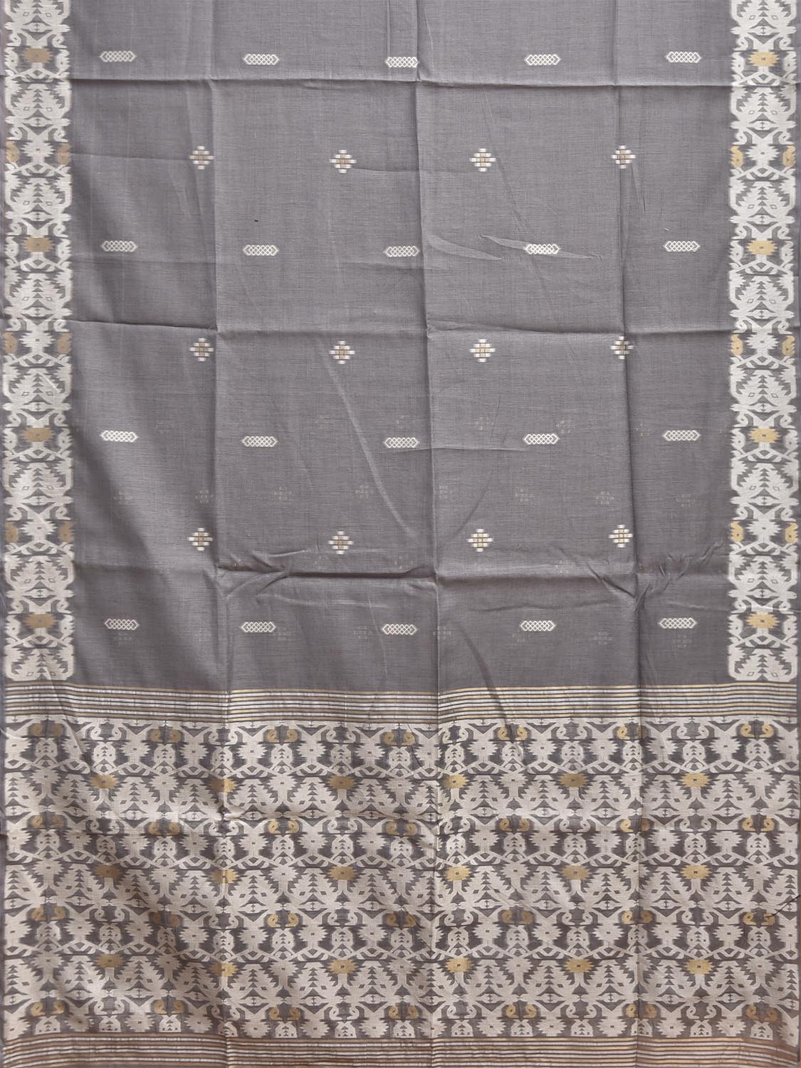 Grey Dhakai Jamdani Cotton Viscose Saree with Geometric Pallu and Border Design dj0304