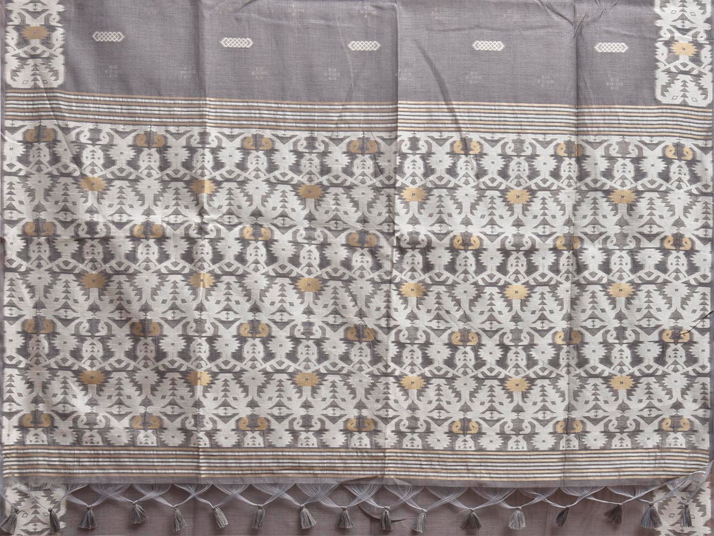 Grey Dhakai Jamdani Cotton Viscose Saree with Geometric Pallu and Border Design dj0304