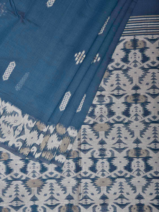 Blue Dhakai Jamdani Cotton Viscose Saree with Geometric Pallu and Border Design dj0305