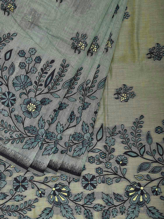 Sea Green Dhakai Jamdani Cotton Viscose Saree with Floral Pallu and Border Design dj0308