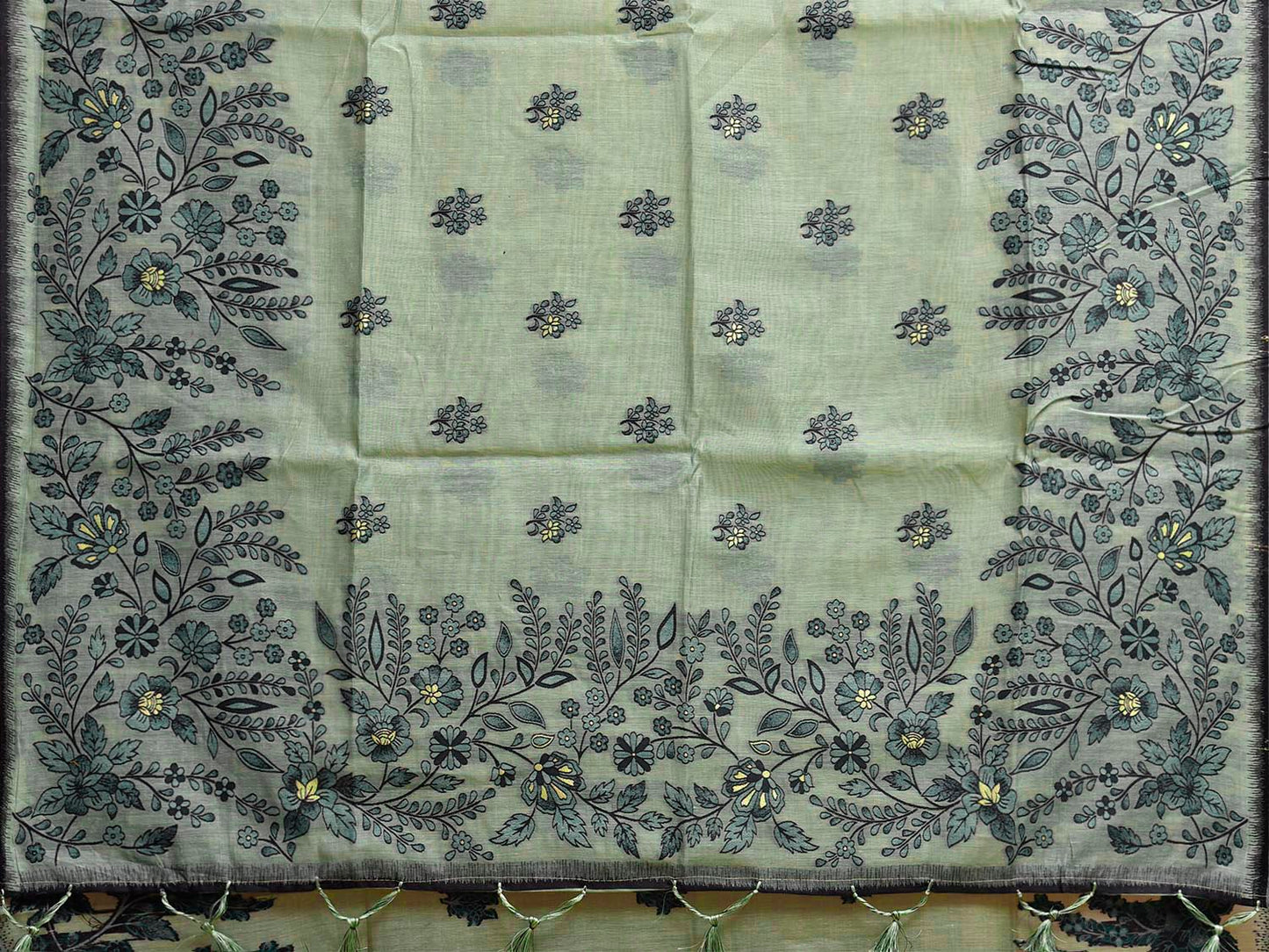 Sea Green Dhakai Jamdani Cotton Viscose Saree with Floral Pallu and Border Design dj0308