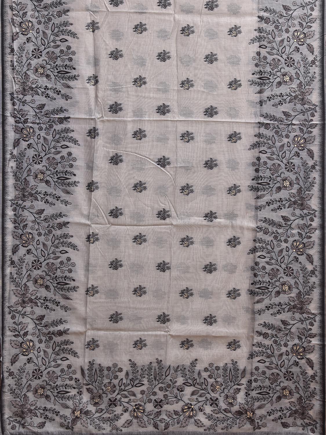 Light Grey Dhakai Jamdani Cotton Viscose Saree with Floral Pallu and Border Design dj0309