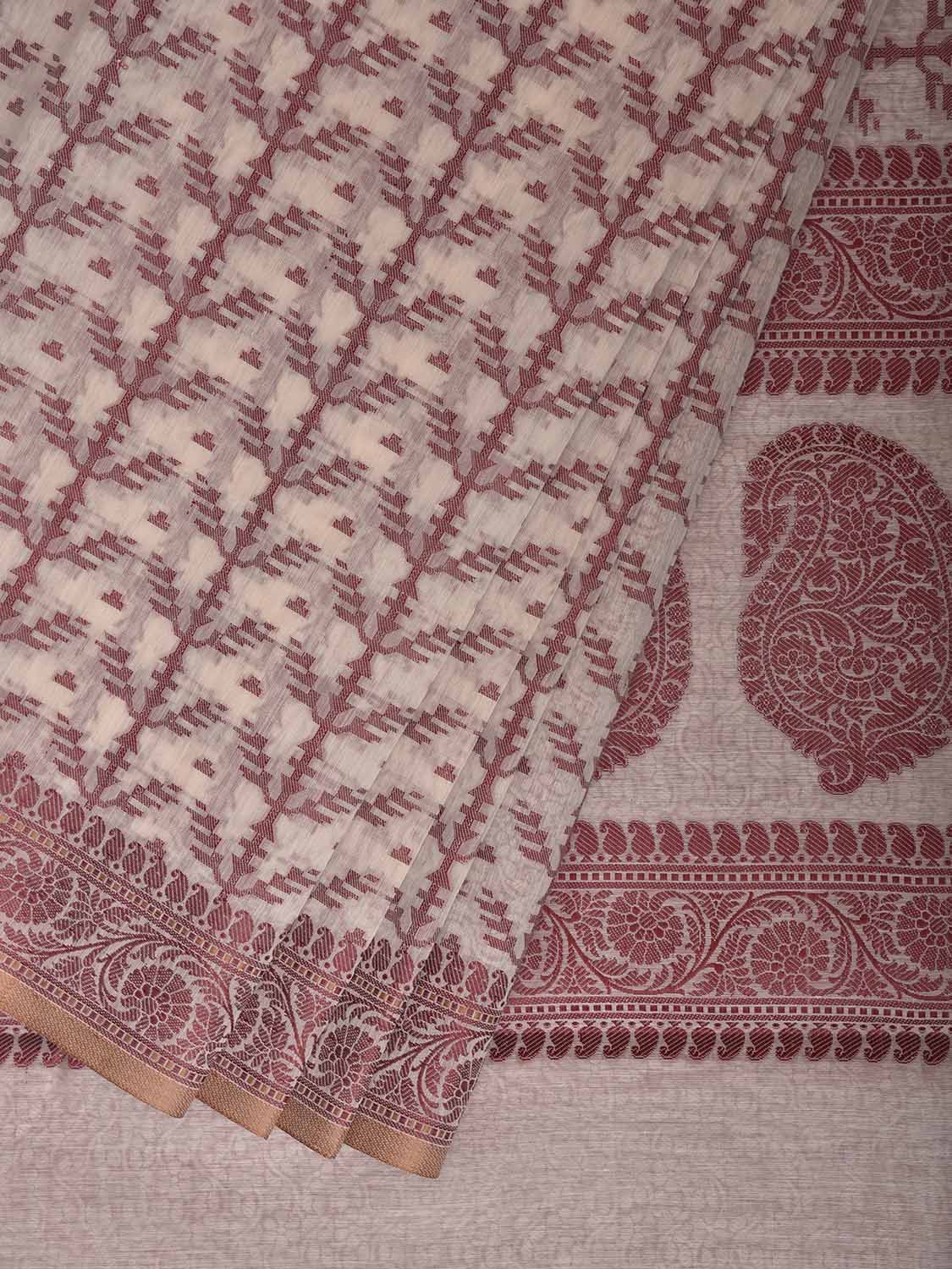 Red and White Dhakai Jamdani Cotton Viscose Saree with All Over and Pallu Design dj0311