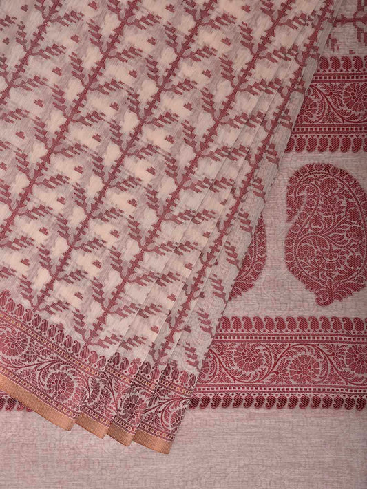 Red and White Dhakai Jamdani Cotton Viscose Saree with All Over and Pallu Design dj0311