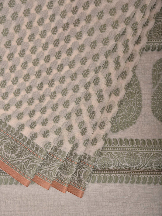 Green and White Dhakai Jamdani Cotton Viscose Saree with All Over and Pallu Design dj0312