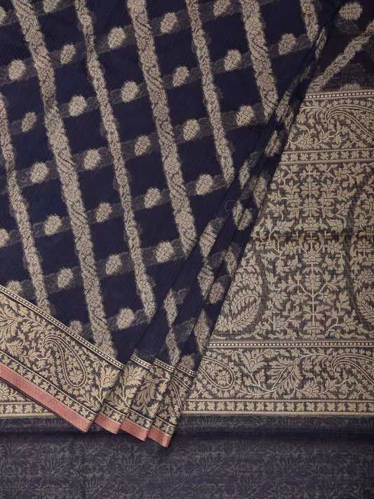 Navy Dhakai Jamdani Cotton Viscose Saree with Diagonal and Pasley Border-Pallu Design dj0315