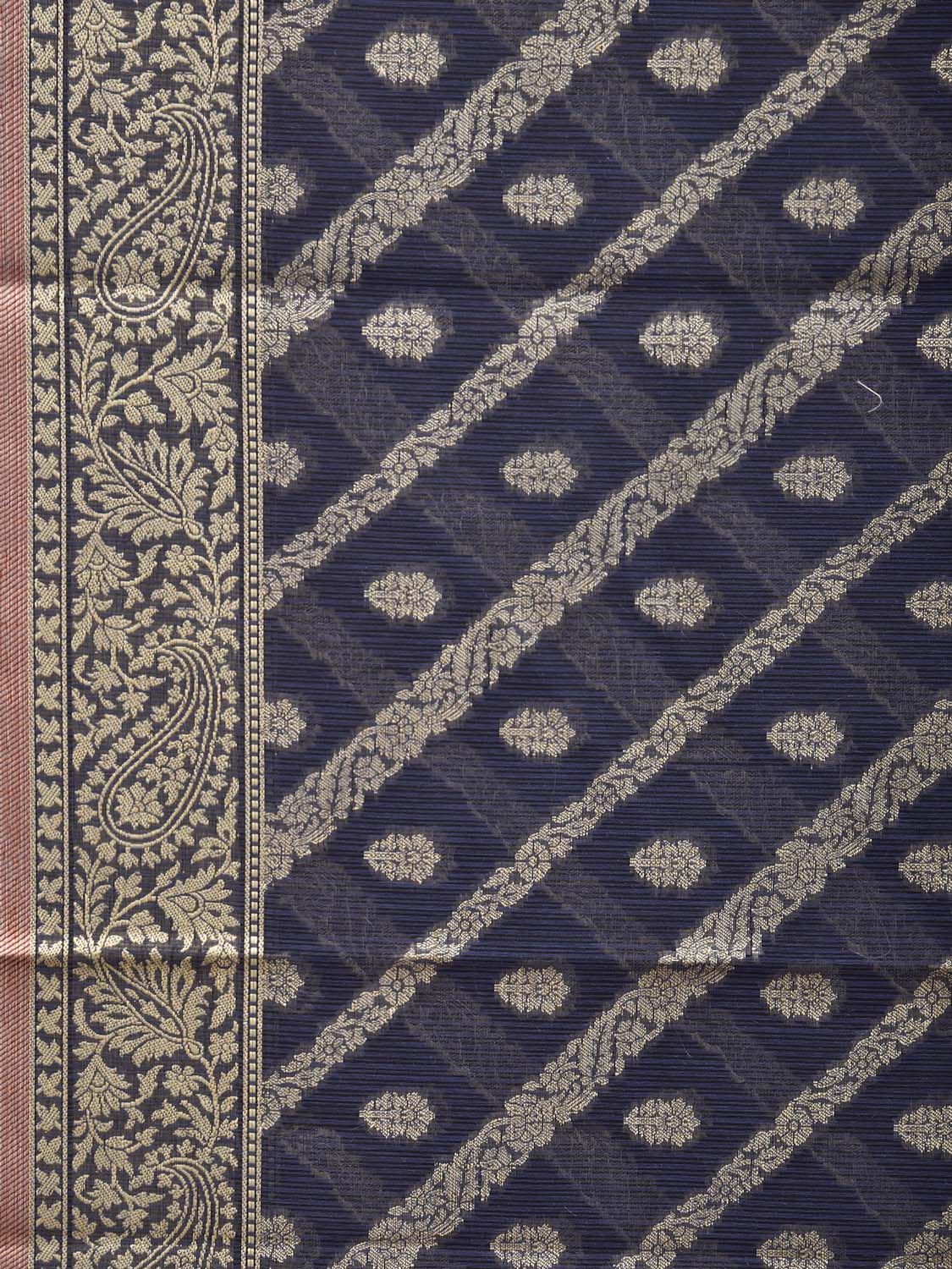Navy Dhakai Jamdani Cotton Viscose Saree with Diagonal and Pasley Border-Pallu Design dj0315