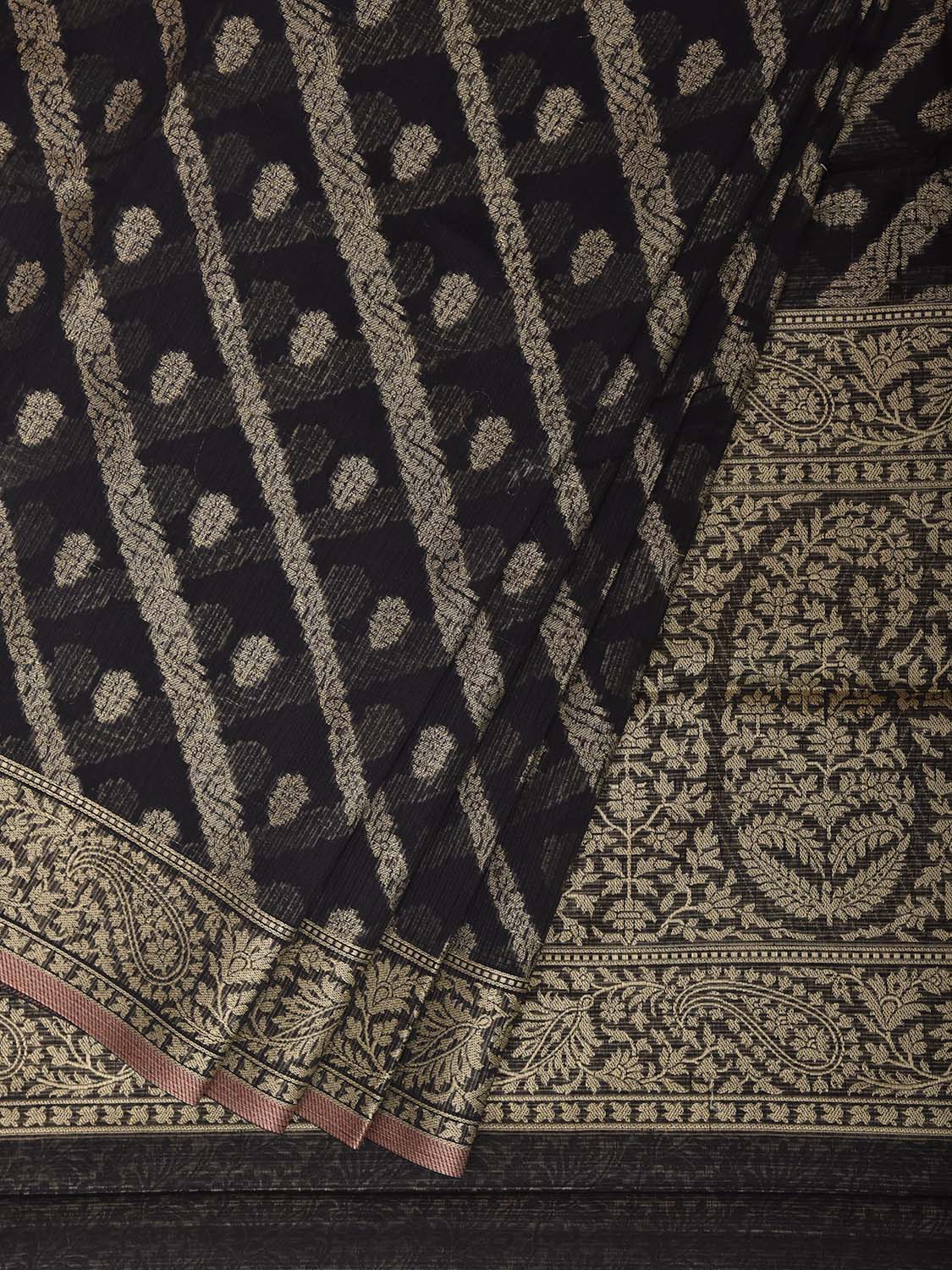 Black Dhakai Jamdani Cotton Viscose Saree with Diagonal and Pasley Border-Pallu Design dj0318