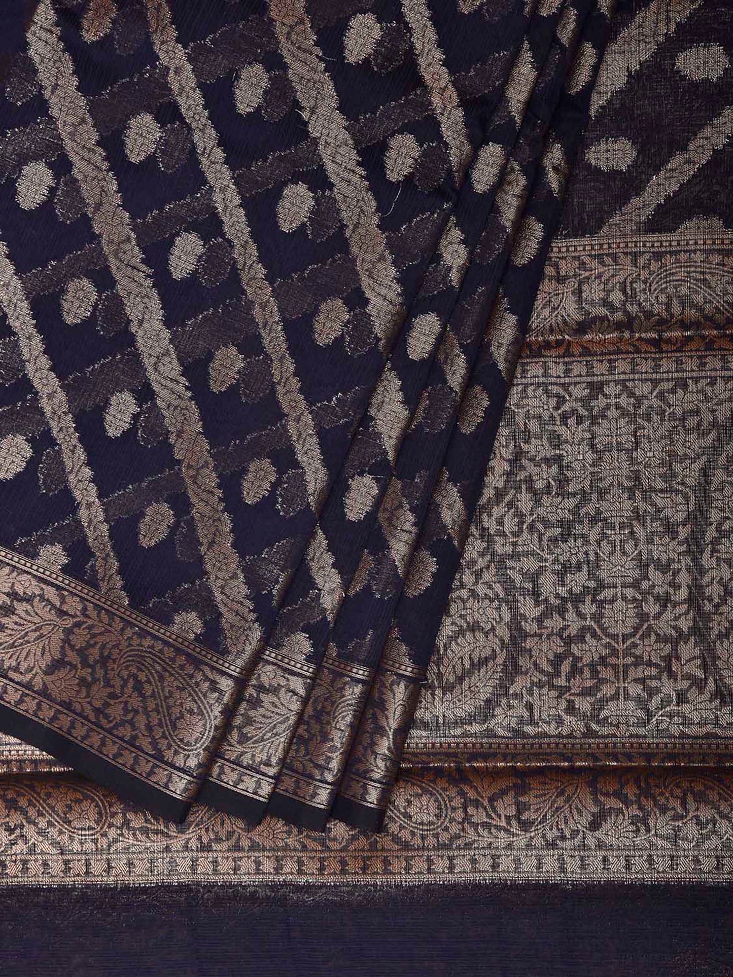 Navy Dhakai Jamdani Cotton Viscose Saree with Zari Thread Diagonal and Pasley Border-Pallu Design dj0320