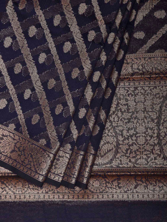 Navy Dhakai Jamdani Cotton Viscose Saree with Zari Thread Diagonal and Pasley Border-Pallu Design dj0320
