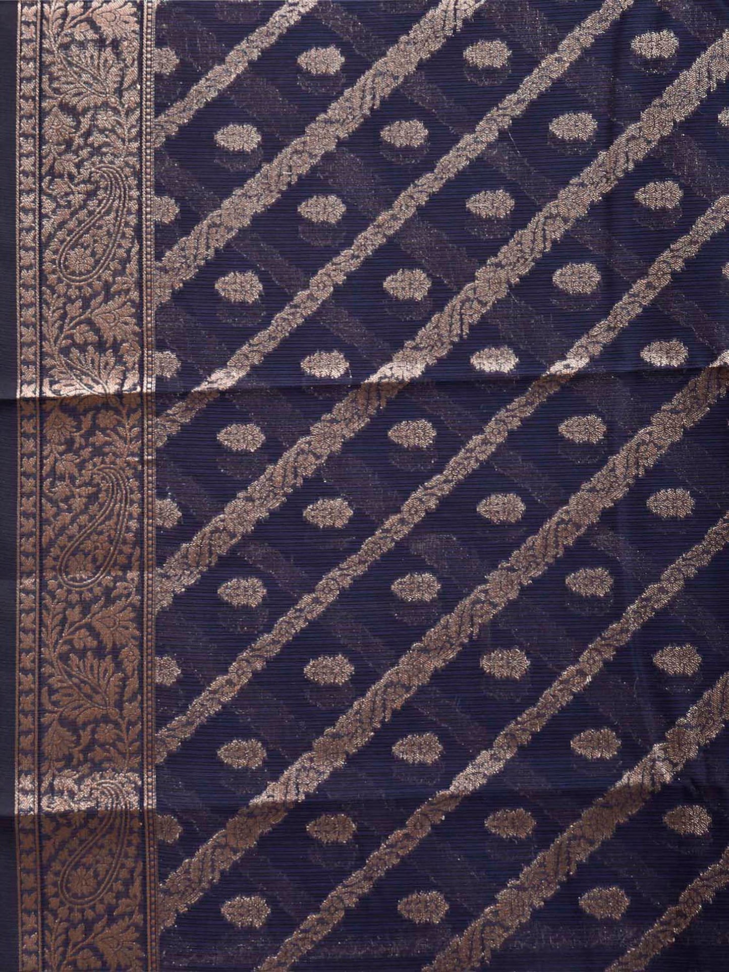 Navy Dhakai Jamdani Cotton Viscose Saree with Zari Thread Diagonal and Pasley Border-Pallu Design dj0320