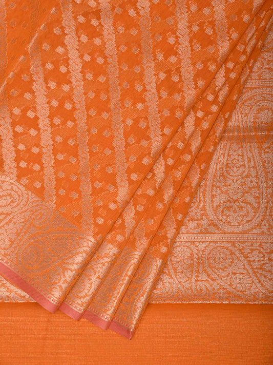 Orange Dhakai Jamdani Cotton Viscose Saree with Diagonal and Pasley Border-Pallu Design dj0321