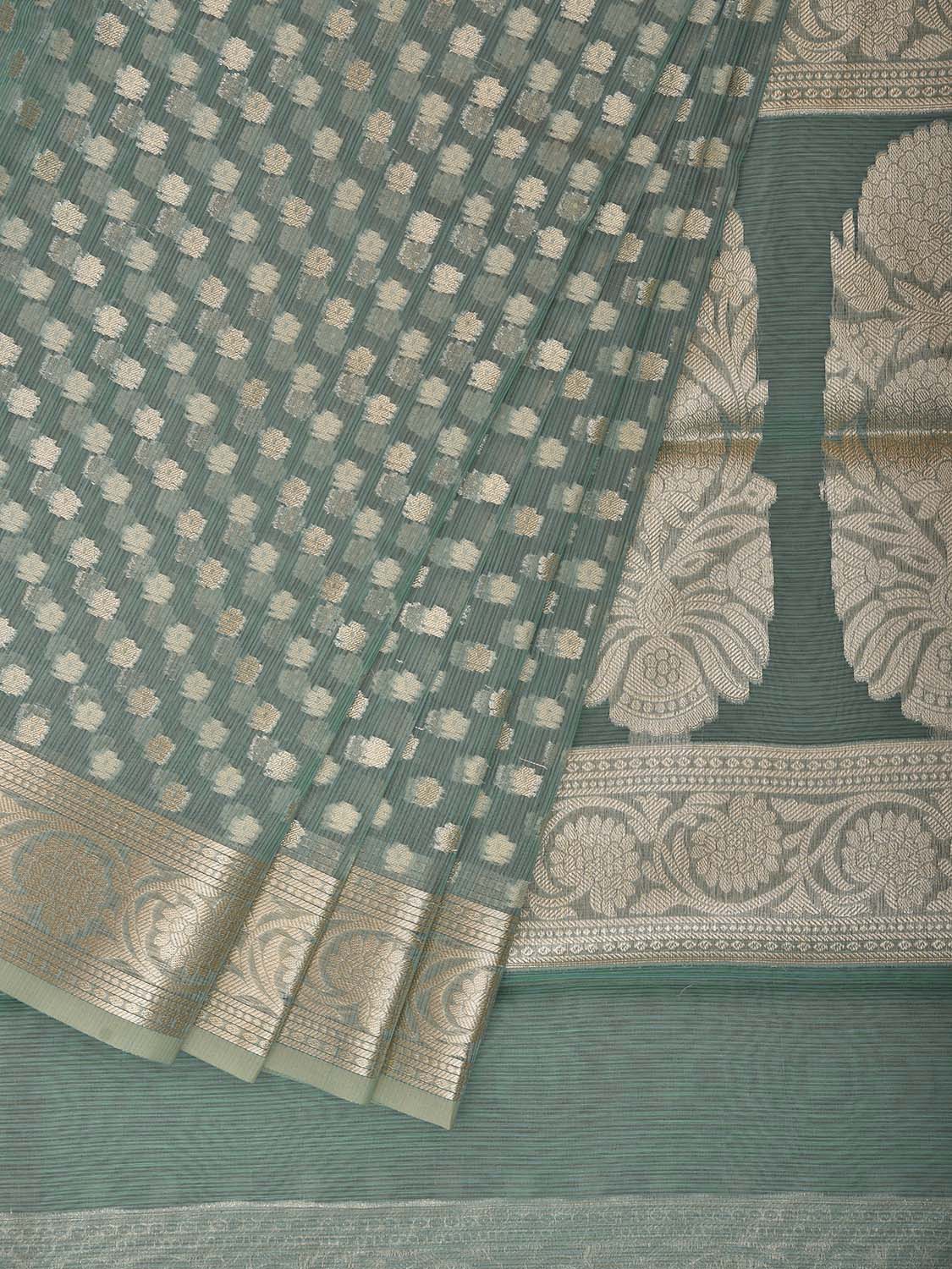 Sea Green Dhakai Jamdani Cotton Viscose Saree with All Over Small Buta and Pallu Design dj0323