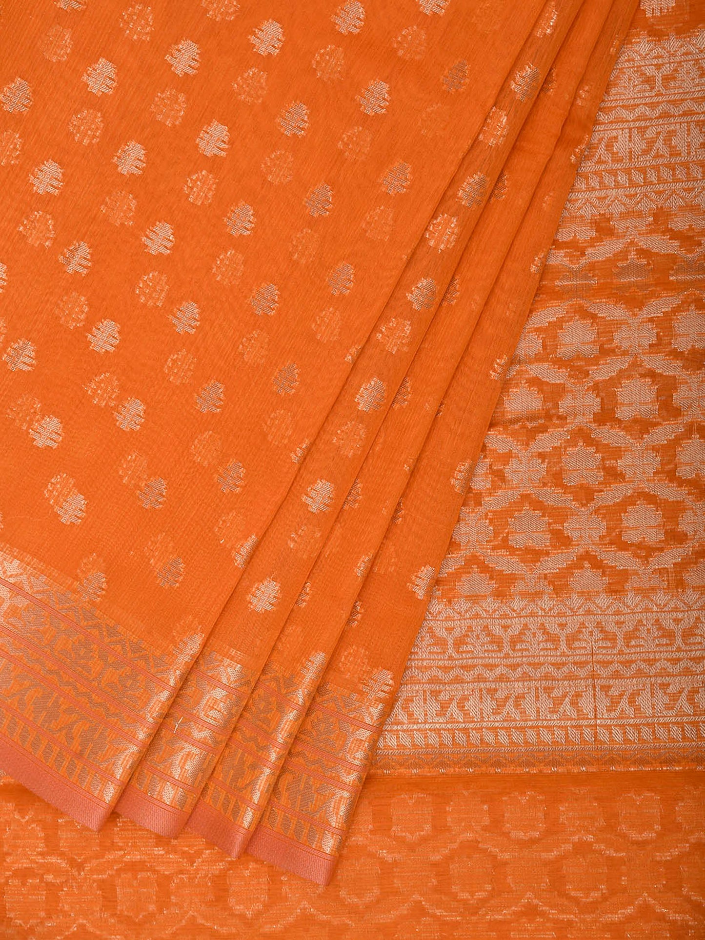 Orange Dhakai Jamdani Cotton Viscose Saree with All Over Small Buta and Pallu Design dj0324