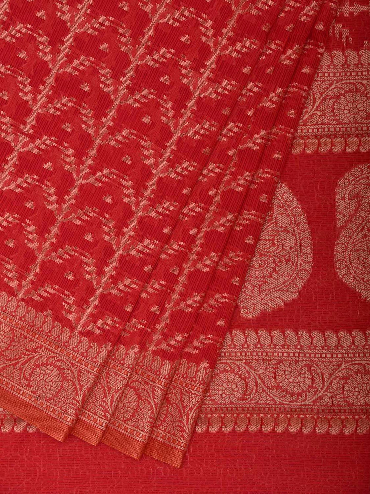 Red Dhakai Jamdani Cotton Viscose Saree with All Over and Pasley Pallu Design dj0329
