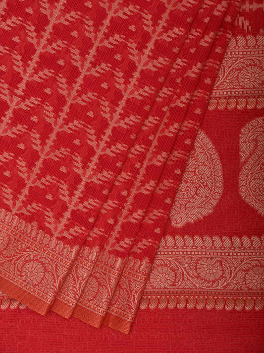 Red Dhakai Jamdani Cotton Viscose Saree with All Over and Pasley Pallu Design dj0329